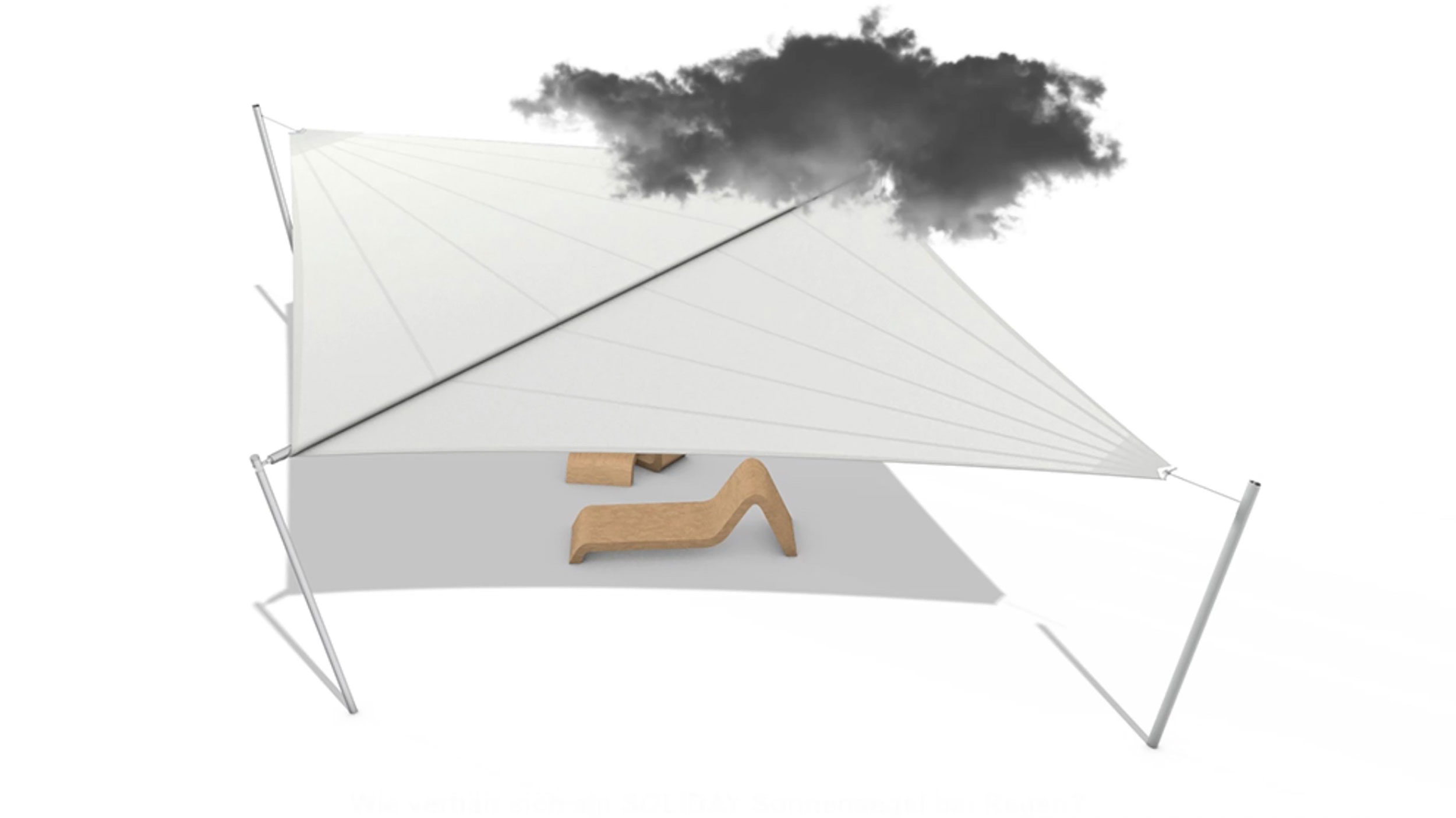 Intelligente Pylontechnik für Sonnensegel beim Regen.